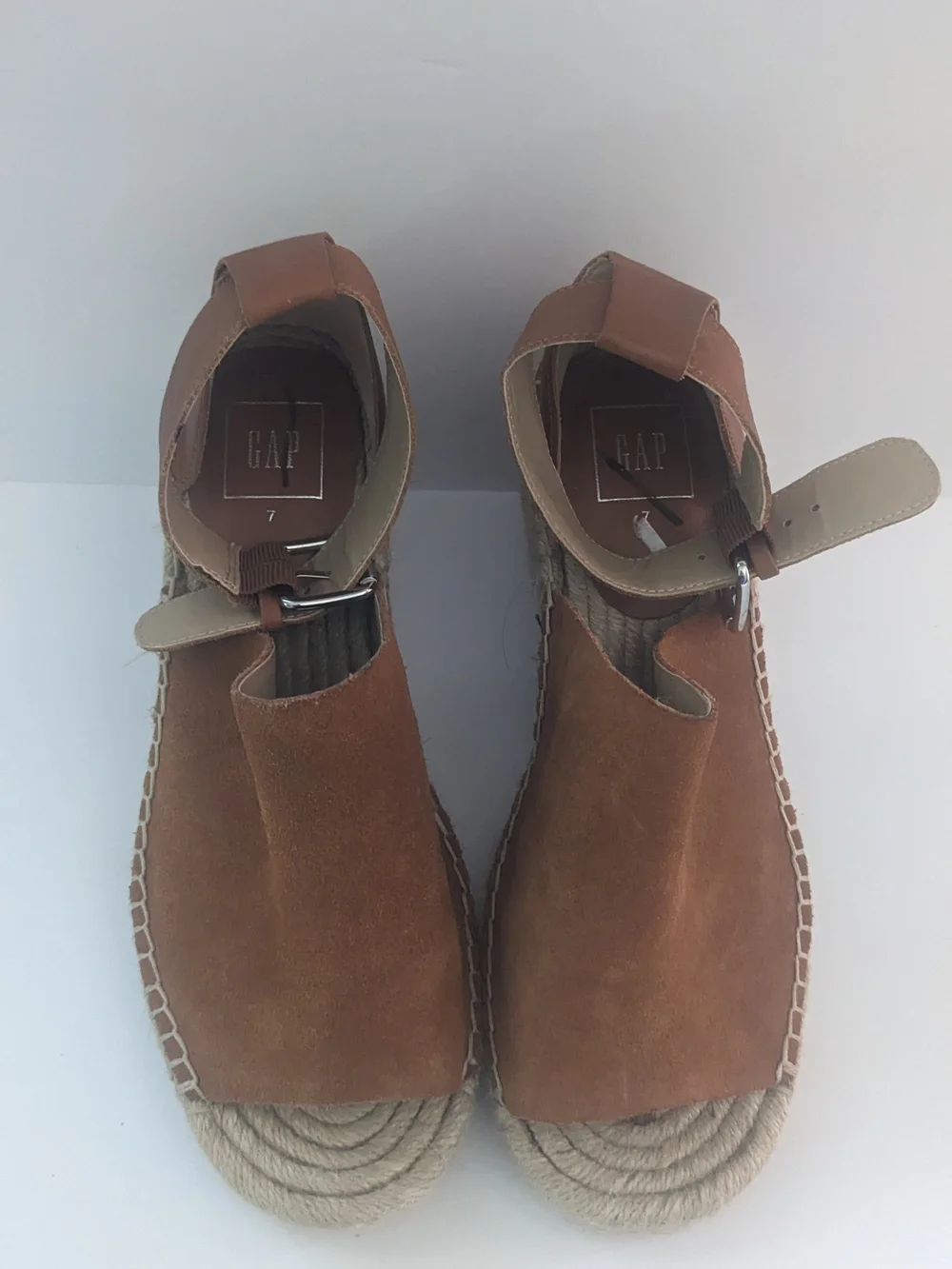 GAP Suede Cognac Espadrille Wedge Sandals with Ankle Buckle 7